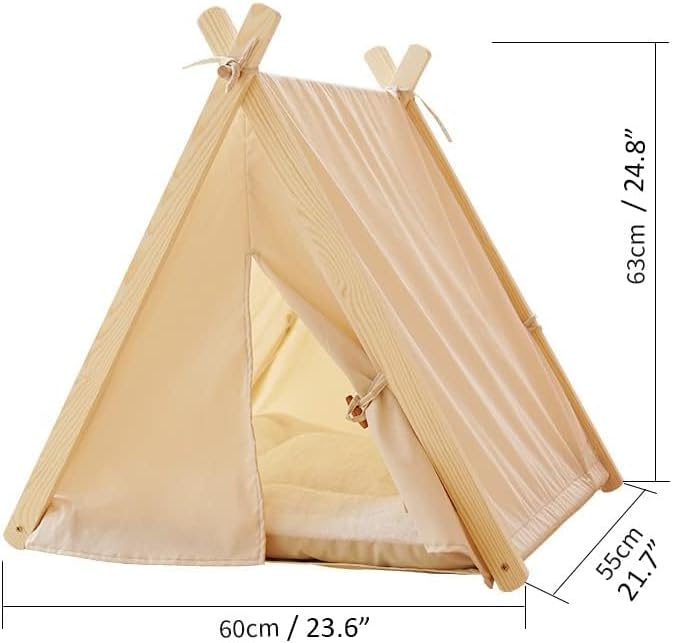 Solid Wood Cat & Dog Indoor Tent with Thick Mat, Teepee Tent & Cave Bed (Pink)