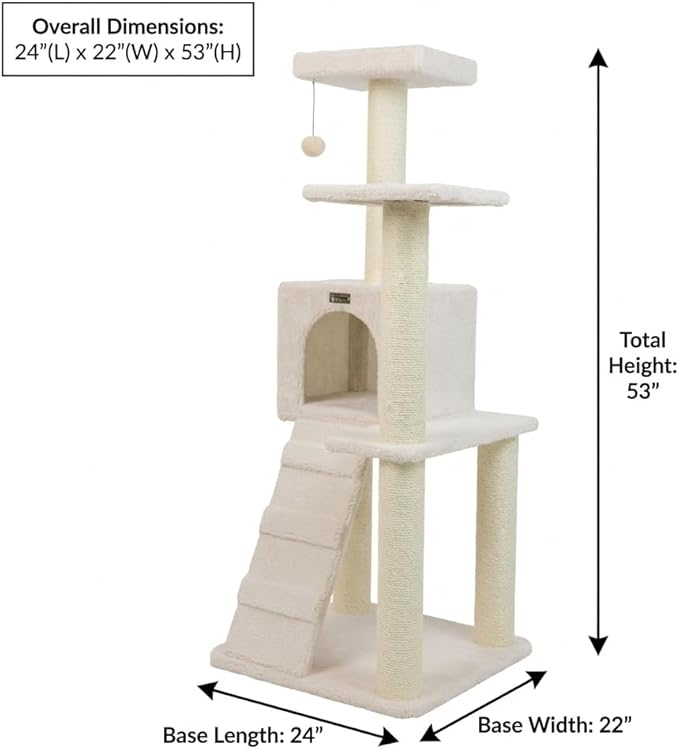 Multi-Level Cat Tree with Sisal Scratching Posts, Cozy Condo, Perches, Ladder and Hanging Toy, Beige, 53 Inches Tall