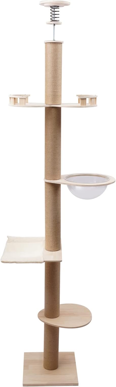 Floor to Ceiling Cat Tree, Adjustable Height(100.4-104.3'') Solid Wooden Tall Cat Tower for Indoor Cats with Springboard, Space Capsule, U-Shaped Hammock, Double Watchtower, for Indoor 33 LBS Cats