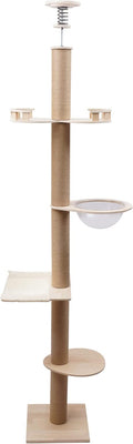 Floor to Ceiling Cat Tree, Adjustable Height(100.4-104.3'') Solid Wooden Tall Cat Tower for Indoor Cats with Springboard, Space Capsule, U-Shaped Hammock, Double Watchtower, for Indoor 33 LBS Cats