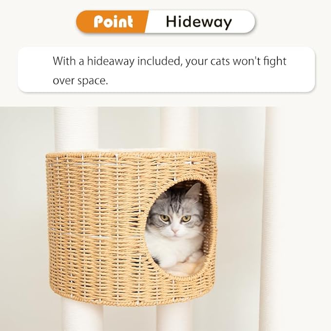 Wood Cat Tree for Large Cat, 57-Inch Tall Cat Tower with Scratching Post for Indoor Cats, Multi-Level Cat Condo with Hand-Woven Cat Bed and Acrylic Bowl Easy to Clean