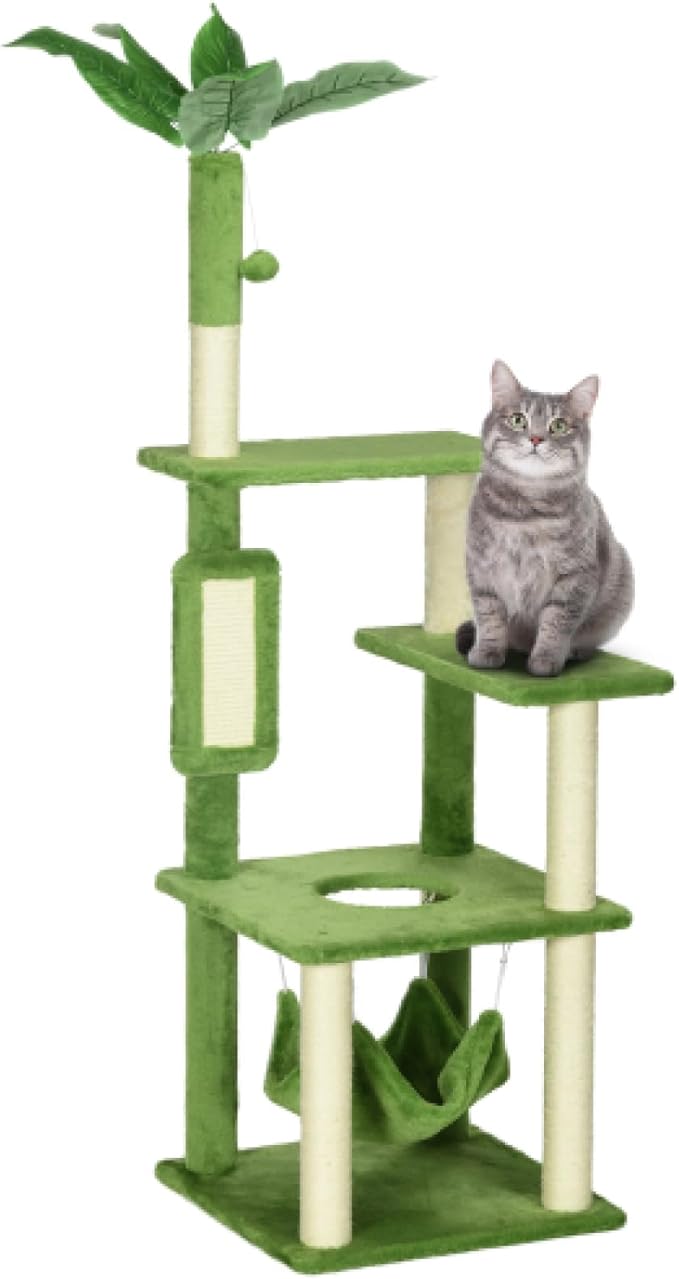 Cat Tree with Hammock Scratching Post Hanging Hammock Cozy Perch Swing Ball Platforms Cat Ladder Tower for Indoor