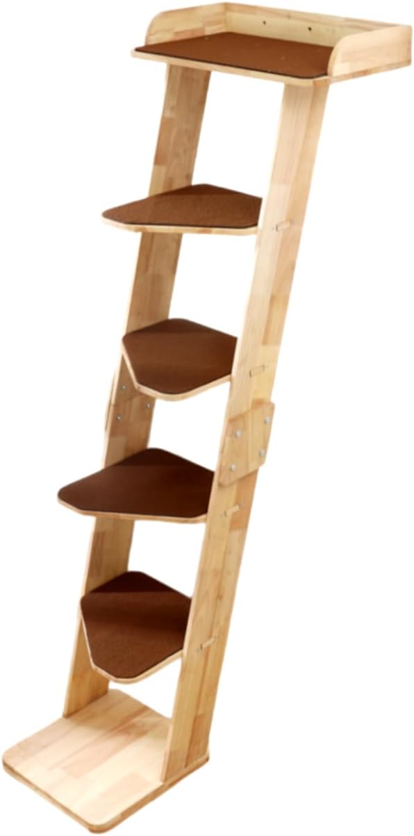 SHENGOCASE Modern 70" Tall Natural Wood 6 Level Leaning Cat Climbing Ladder Tree Tower with Large Perch Platform for Wall Window, Solid Wood Furniture for Multiple Cats