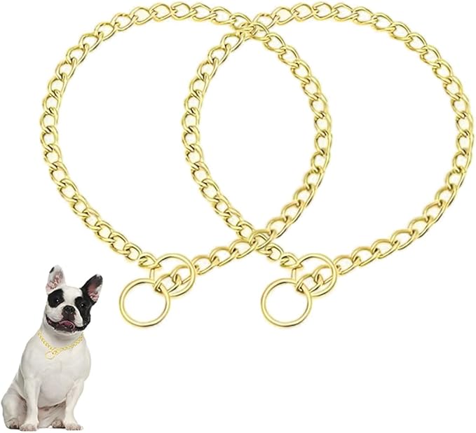 Gold Choke Collar for Dog,2-Pack Metal Slip Link Martingale Dog Collar Training Heavy Duty Dog Choker Collar Boys Girls Puppy Collars for XXS XS Small Medium Large Big Breed Dogs,S