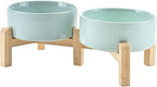 SPUNKYJUNKY Elevated Dog Bowls Ceramic, 5.1'' Dogs and Cat Food Water Bowls Raised with Non-Slip Bamboo Stand for Puppy Small Sized Breed Microwave Dishwasher Safe - 13.5 OZ,Light Green