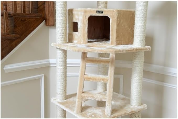 Cat Tower Condo - Multi-Level Cat Tree with Scratching Posts & Perches - Beige Faux Fur
