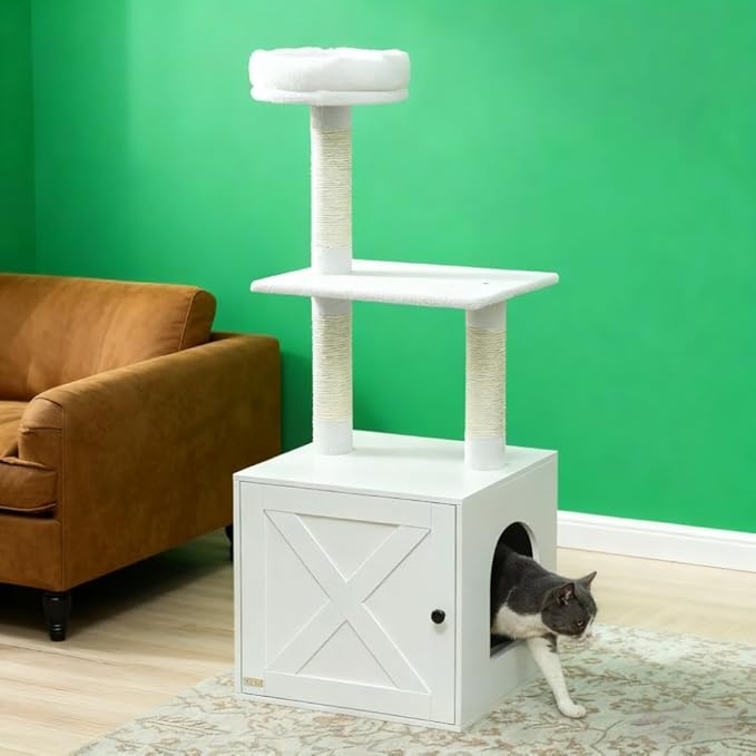 Premium Cat Tree Tower with Scratching Posts, Cozy Condos, and Hammock for Indoor Cats – Stylish Vertical Play Center (White + MDF + Polyester)