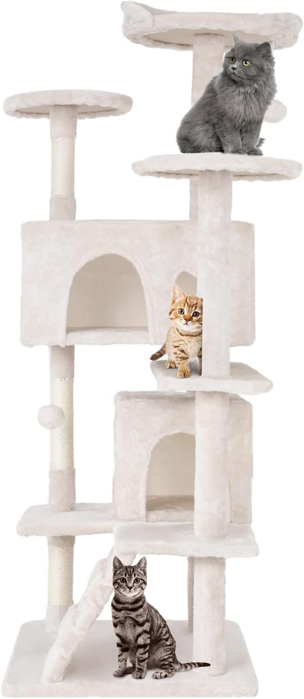 54inCat Tree Tower for Indoor Cats, Cat Tower with Cat Scratching Post, Multi-Level Cat Furniture, Cat Tower with Funny Toys for Kittens-Beige