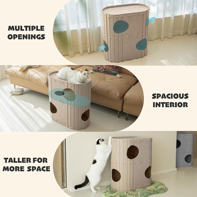 PETKARAY 2-Story Felt Cat House, Large Bed Cave for Indoor Cats, Felt Tunnel Hideaway Condo for Multi-Cat Households, 23.6x22x12 inches, Grey