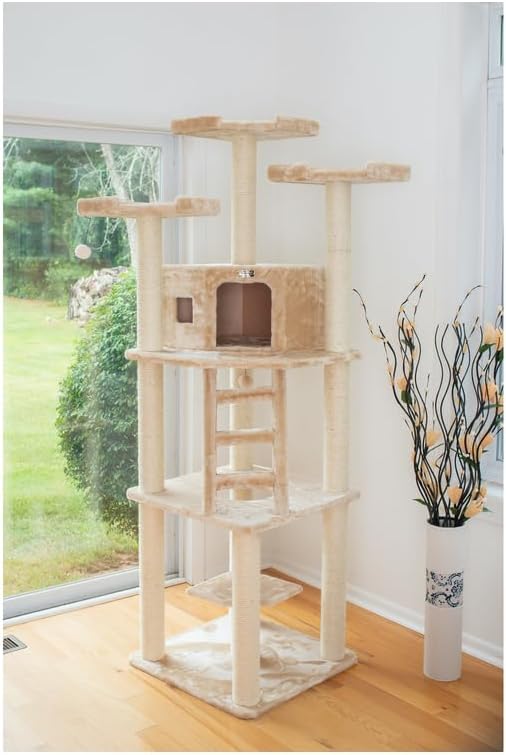 Maykoosh Cat Tree Tower with Condo & Perches - Beige Faux Fur - Sisal Scratching