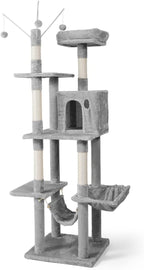 Tall Cat Tree for Indoor Large Cats or Kittens, Multi-Level Cat Activity Tree with Scratching Posts, Hammock, Cat Cave Condo, Modern Cute Small Cat Climbing Tower with Widened Perch
