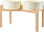 SPUNKYJUNKY Elevated Dog Bowls Ceramic, 8.3'' Dogs Food Water Bowls Raised with Non-Slip Bamboo Stand for Large Sized Breed Microwave Dishwasher Safe - 60 OZ,Beige