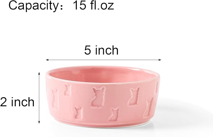 Set of 2 Pink Ceramic Dog Bowls for Food and Water, 5 Inch Wide Cute Pet Dishes for Small Size Dogs/Puppy