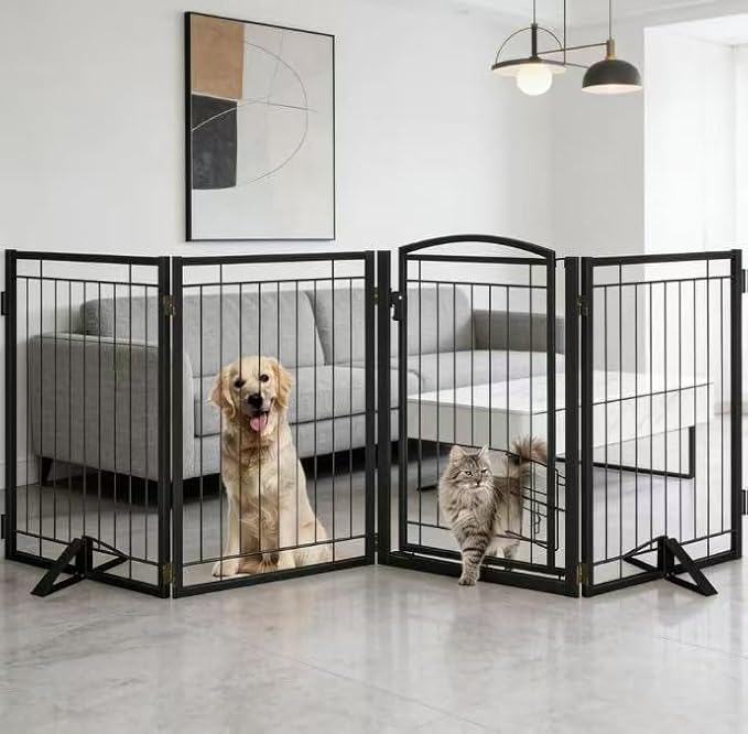 Full Metal Freestanding Dog Gate with Cat Door for Outdoor&Indoor,32" Tall Foldable Dog Fence,80" Extra Wide Freestanding Pet Gate for Large Openings,Stairs,Deck,Yard,Doorways(4 Panels,Black)