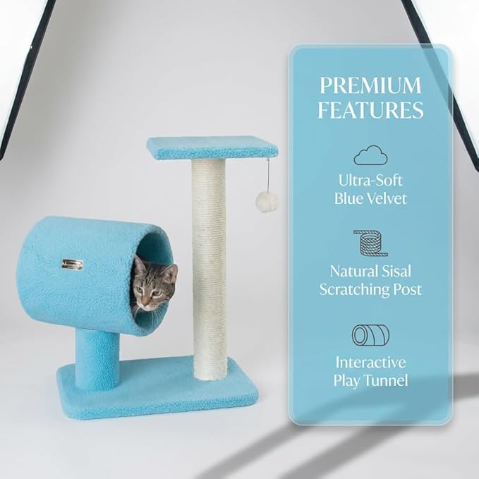 Cat Tree with Scratching Post and Tunnel, Blue Velvet, Natural Sisal Post, 24x14x26 Inches, with Hanging Toy Ball