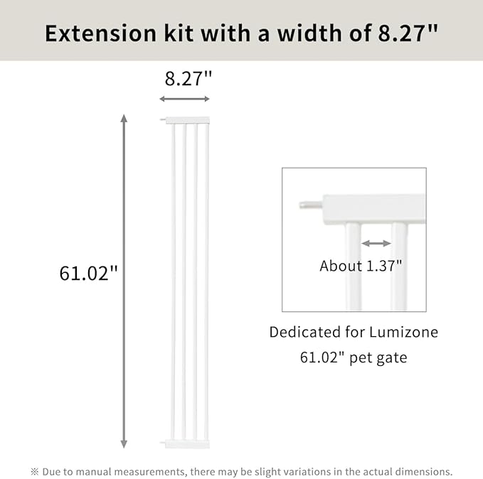 Lumizone Extra Tall Cat Gate Extension Kit 61.02" High Pressure Mounted 2025 New 8.27" Extra Wide 1.37" Gap No Drilling Tall Pet Gate for Dogs (White, 61.02" H x 8.27" W, Extension)
