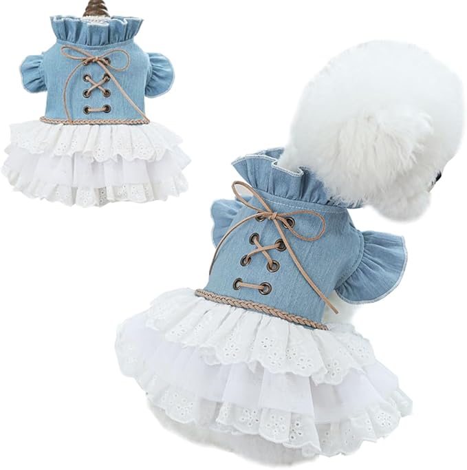 Pink Dog Dress for Small Dog Girl Spring Puppy Clothes with Bow Puff Sleeves Cat Outfit Doggy Princess with Leash Ring Doggies Harness Dress Summer Pet Apparel (Blue, X-Small)