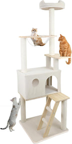 Premium Wood Cat Tree with Large Cat Condo Sisal Scratching Posts Wood Ladder and Clear Perch 165cm Height Sturdy Construction for Large Cats Simple Home Assembly