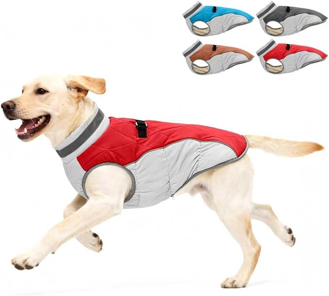 Dog Winter Coat for Large Dogs, Adjustable Puppy Warm Jackets in Cold Weather, Reflective Pet Fleece Vest with External Attachment Points, Zippered Cold-Weather Dog Winter Clothes, L Red