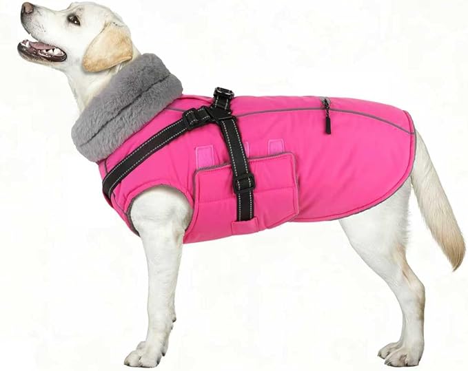 PETDSH Dog Coat Medium, Built-in Harness Dog Jacket with Warm Fleece Lining, Waterproof Reflective Dogs Winter Coat, Pet Coats with Pocket and Trash Bags (Pink, Medium)