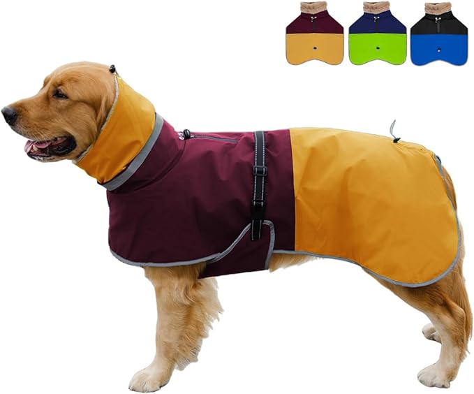Waterproof Dog Winter Coat, Reflective Turtleneck Fleece Jacket with Snow Protection for Large Dogs, Cold Weather Pet Clothing (Yellow, L)