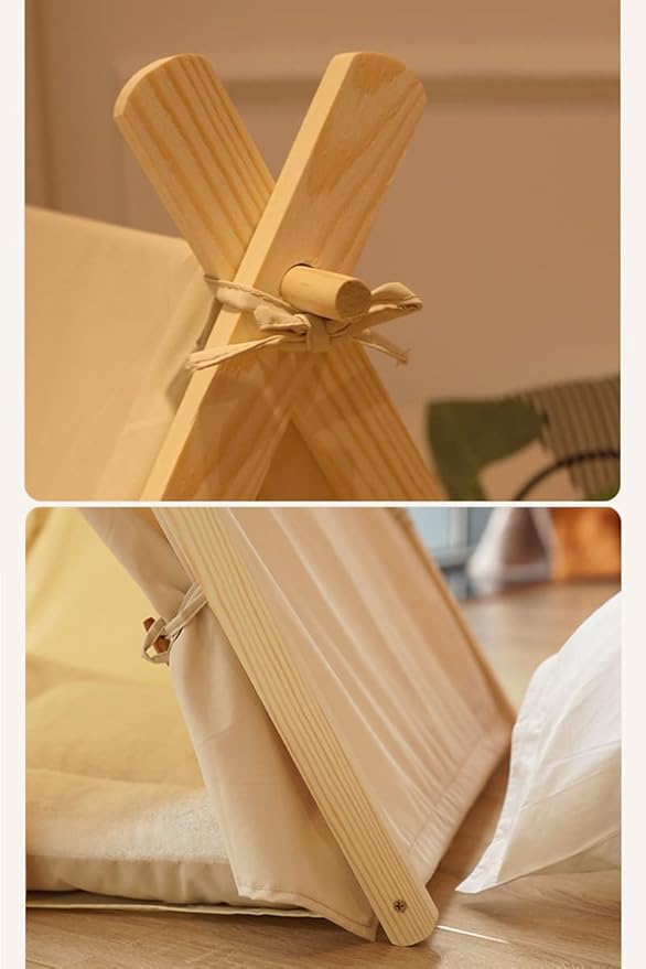 Solid Wood Cat Indoor Tent with Thick Mat,Portable Dog House Dog Teepee Tent,Cute Cat Teepee Cave Cat Bed,Dog Bed (Green)