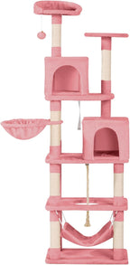 Cat Tree, 68-Inch Cat Tower for Indoor Cats, Plush Multi-Level Cat Condo with 7 Scratching Posts, 2 Perches, 2 Caves, Hammock (Pink)