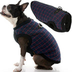 Gooby Fashion Vest Check Dog Jacket - Navy Check, Small - Warm Zip Up Bomber Vest with Dual D Ring Leash - Winter Water Resistant Small Dog Sweater