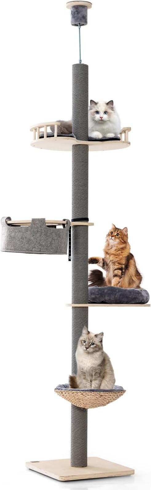 PETSITE Floor to Ceiling Cat Tree with 93”-107” Adjustable Height, 5-Tier Wooden Cat Climbing Pole with Scratching Post, Cozy Hammock and Basket Bed, Floor to Ceiling Cat Tower