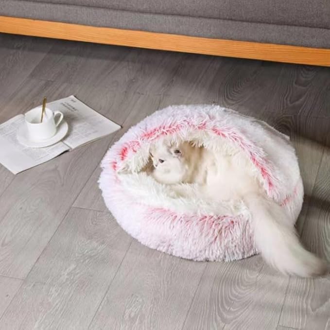 Cat Bed Round Fluffy Hooded Cat Bed Cave, Anti-Anxiety Cave Bed with Hooded Blanket, Cozy Cuddler Luxury Puppy Pet Bed, Anti-Slip Bottom and Machine Washable (Pink, Medium)