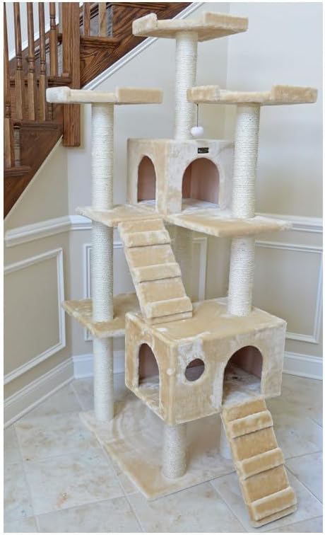 Cat Tree Multi-Level - Scratching Posts, Play Platforms & Cozy Hideaway - Beige Faux Fur Cat Furniture