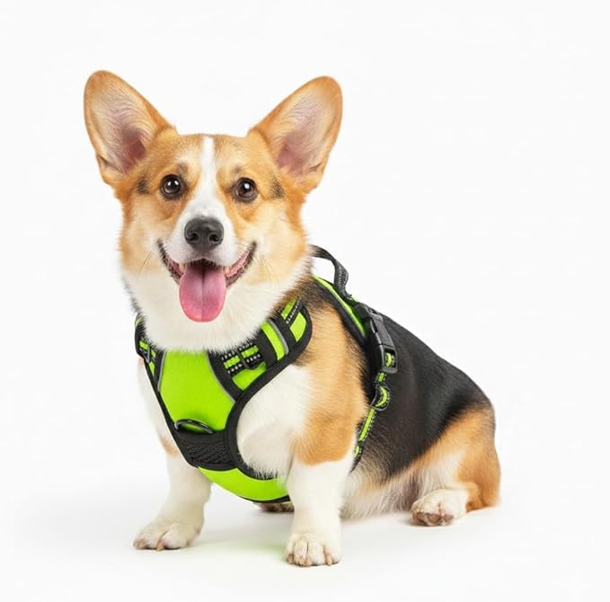 No Pull Dog Harness, Reflective Comfortable Vest Harness with Easy Control Handle Adjustable Soft Padded Pet Vest for Small to X-Large Dogs (Green, Medium (Approx Weight:16.53-36.37 LB))