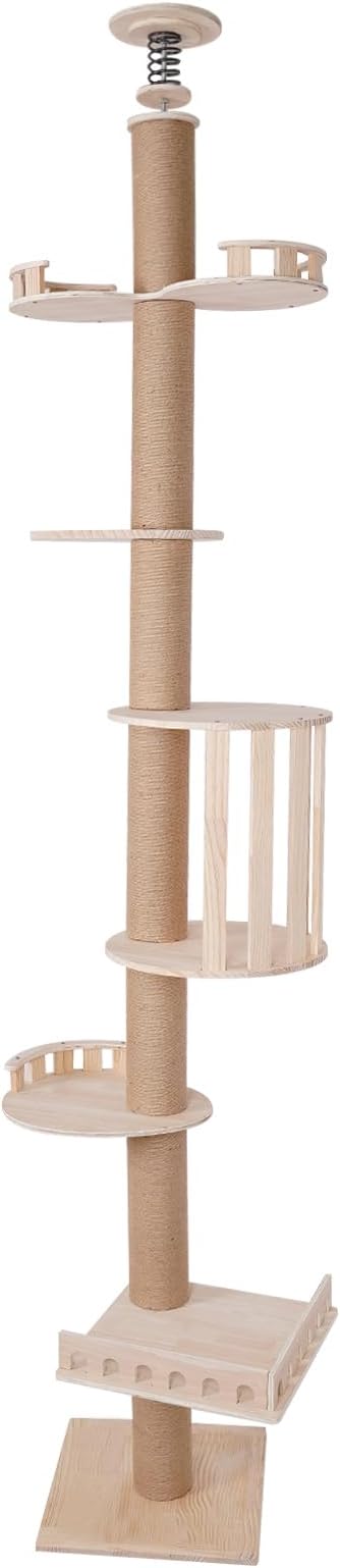Cat Climbing Tower, Wood Cat Tower Tree Wall with Sisal Scratching Climbing Posts, Load Capacity 44lbs, 100.4-104.3In Adjustable Tall Cat Activity Tree for Living Room, Bedroom