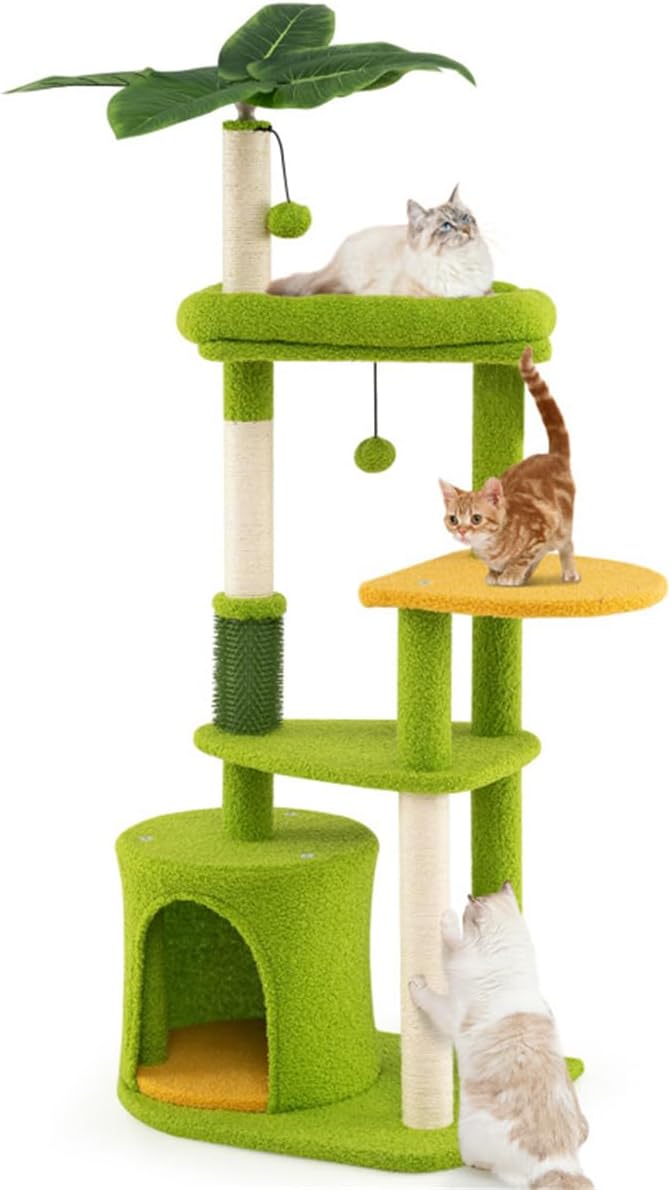 48" Cat Tree with Tropical Leaf Design – Self-Groomer, Scratching Posts & Space-Saving Tower