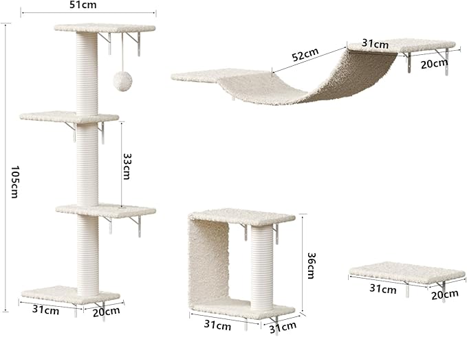 Modern Wall-Mounted Cat Furniture Set-4pcs Deluxe Cat Wall Shelves with Plush Bridge,Steps, Scratcher & Sisal Cat Tree | Sturdy 22lbs Capacity,Space-Saving Vertical Playground,for Active Indoor Cats