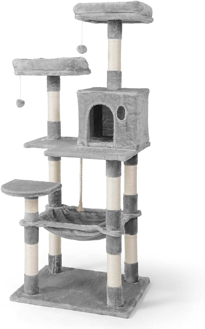 Tall Cat Tree for Indoor Large Cats or Kittens, Multi-Level Cat Activity Tree with Scratching Posts, Hammock, Cat Cave Condo, Modern Cute Small Cat Climbing Tower with Widened Perch
