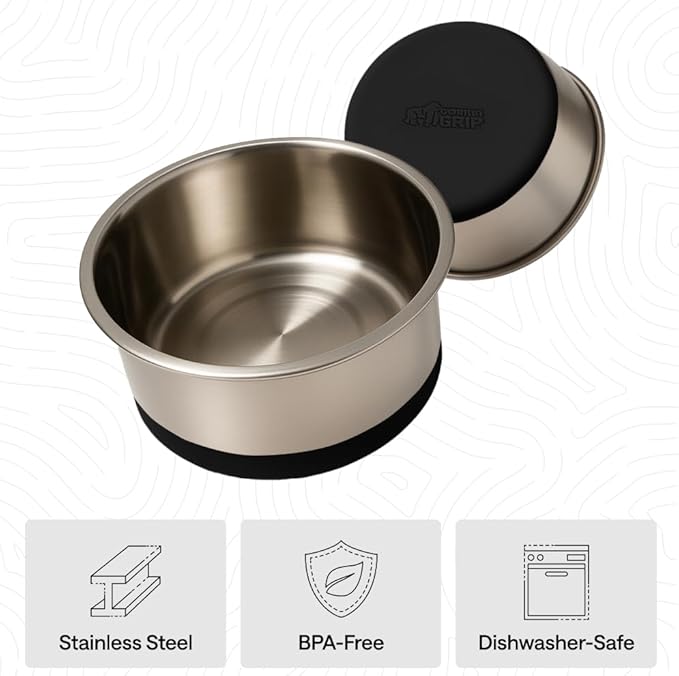 GORILLA GRIP Dog Bowls, Food Grade 304 Stainless Steel, Holds 8 Cups Each (64 fl oz) Food and Water Bowl for Feeding Dogs and Cats, Dishwasher Safe, Rust Resistant, BPA Free Rubber Base Set of 2 Black