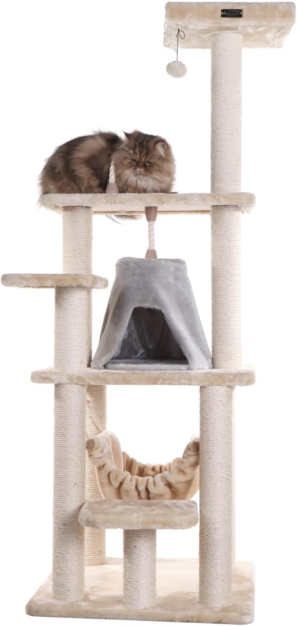 Cat Tree Tower with Hammock - Multi-Level Kitty Condo, Scratching Posts, Soft Faux Fur - 65" Tall