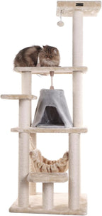 Cat Tree Tower with Hammock - Multi-Level Kitty Condo, Scratching Posts, Soft Faux Fur - 65" Tall