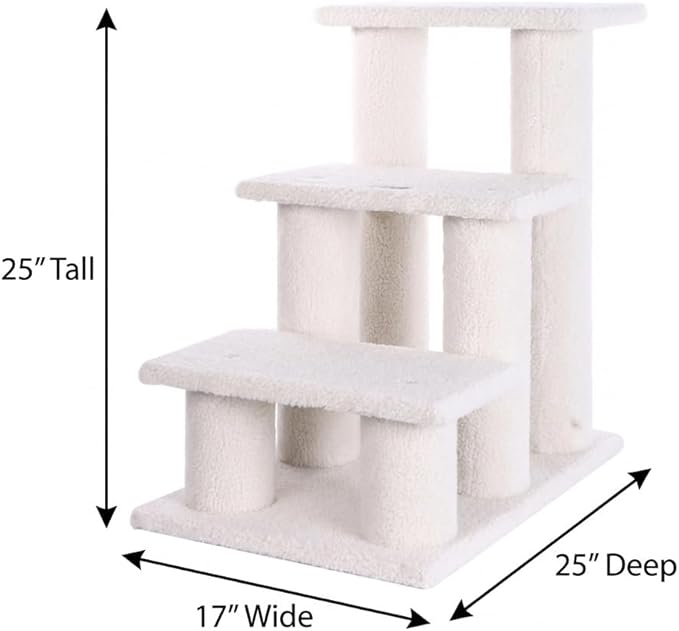 Cat Tree Tower, White Fleece, 3-Tier Multi-Level Climbing Activity Center with Stable Support Pillars, 25 Inches Tall, Ideal for Senior Pets, 17x25x25 Inches