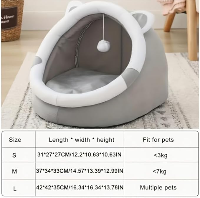 Cozy Cat Cave Pet Bed, Gray and White, 3, Indoor Cat House with Hanging Toy Ball, Soft Plush Cat Dome Bed for Small to Large Cats