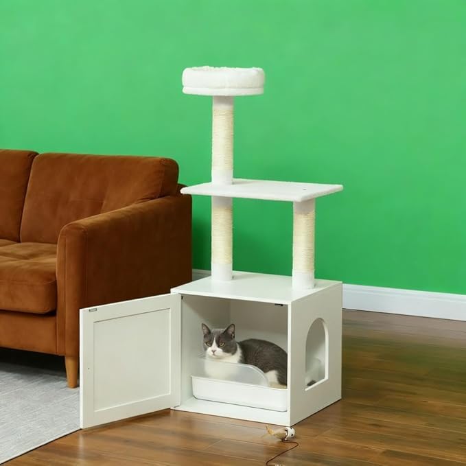 Stylish Cat Tree Tower with Sisal Scratching Posts, Cozy Condo, and Plush Perches for Climbing, Resting, and Play (White + MDF + Polyester)