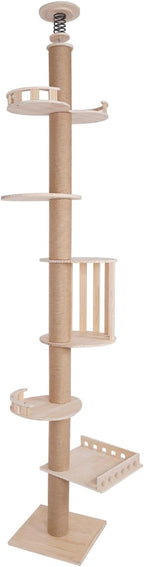 100.4-104.3" Tall Multi-Tier Wood Cat Tower Tree Wall with Sisal Scratching Climbing Posts, Adjustable Height Floor to Ceiling Cat Tree for Indoor Cats Climbing Tower Activity Wood Cat Wall Furniture