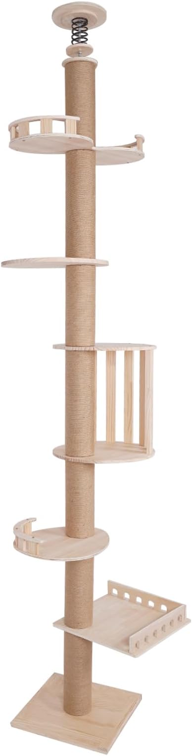 100.4-104.3" Tall Multi-Tier Wood Cat Tower Tree Wall with Sisal Scratching Climbing Posts, Adjustable Height Floor to Ceiling Cat Tree for Indoor Cats Climbing Tower Activity Wood Cat Wall Furniture