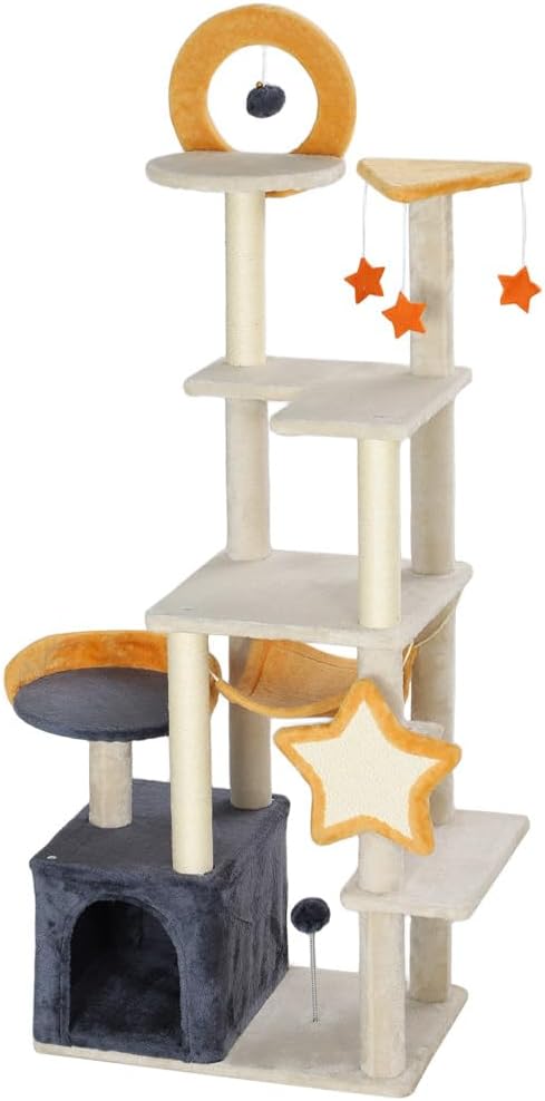 Stylish Cat Tree Tower with Sisal Scratching Posts, Cozy Condo, and Plush Perches for Climbing, Resting, and Play (Beige + Particle Board + Plush)