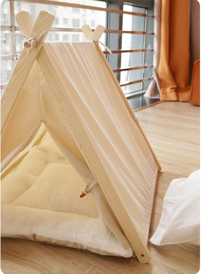 Solid Wood Indoor Pet Tent With Thick Mat - Portable Cat and Dog House Teepee, Cute Cave Bed (Off White)