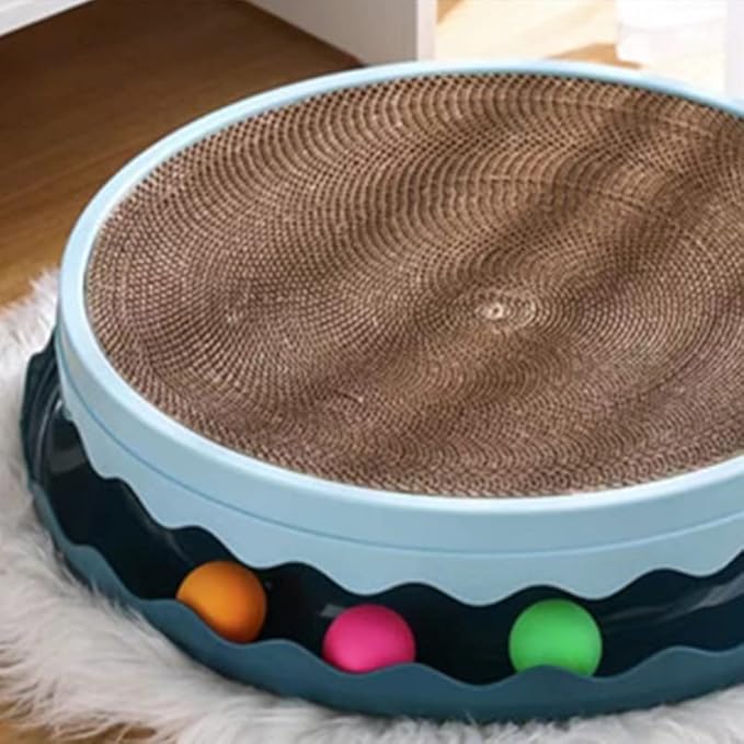 Double Layer Cat Scratcher Toy with Balls, Large PET Resin Scratching Board and Lounge with Replaceable Cardboard Layers for Cats, Furniture Protector (Light Blue)