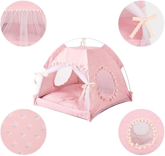 Selena Cat Bed Tents Dog House Indoor Outdoor Lace Mesh Breathable Windows Door Curtains Removable Portable Nest Teepe House (Large,Pink(Flower))
