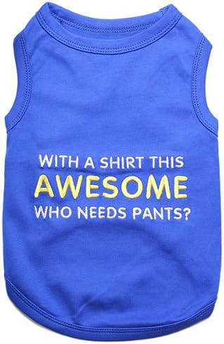 Parisian Pet Dog T-Shirt - Embroidered “ Awesome “ Shirt - Pure Cotton and Lightweight Dog Clothes - Blue Sleeveless Pet Tee Shirts - Cute Puppy Clothes - Shirts for Small Dogs Boy - S