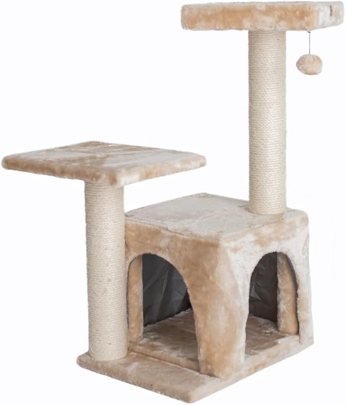 Cat Tree 32" Wood Condo - Beige Indoor Kitty Tower, Scratching Post, Perches for Kittens